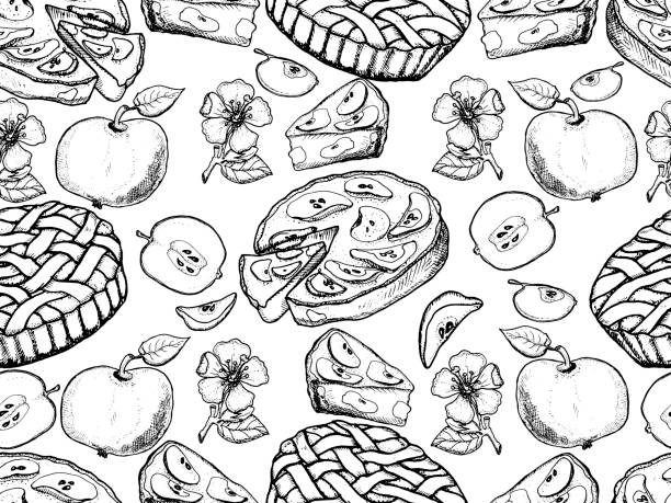 Rustic pattern. Hand drawn apples, apples slices, apple blossom, apple pie, vector seamless background. Rustic pattern. Hand drawn apples, apples slices, apple blossom, apple pie, vector seamless background. apple pie stock illustrations
