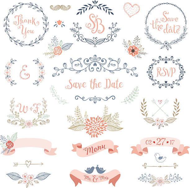 Rustic Wedding Design Set Rustic hand sketched wedding elements set. Floral doodles, leaves, branches, flowers, birds, laurels, banners and frames. Good for Save the Date cards and invitations, Wedding invitations, Thank You cards and RSVP cards. Vector illustration. wedding drawings stock illustrations