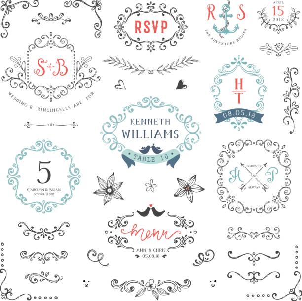 Rustic Wedding Elements Hand drawn rustic Wedding and Save the Date collection with typographic design elements. Ornate motives, branches, wreaths, monograms, frames and flowers. Use for invitations, menu, thank you, reply, prints, posters, birthday and greeting cards. Vector illustration. religious cross borders stock illustrations