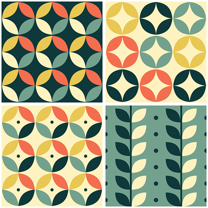 60's and 70's retro vector seamless pattern set of four, vintage style mid-century modern tiled design with geometric motif