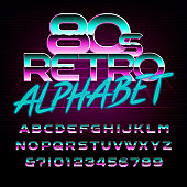 80's retro alphabet font. Metal effect letters and numbers. Stock vector typeface for any typography design.