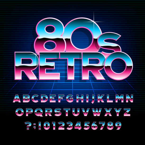 80's retro alphabet font. Metallic effect type letters and numbers. vector art illustration
