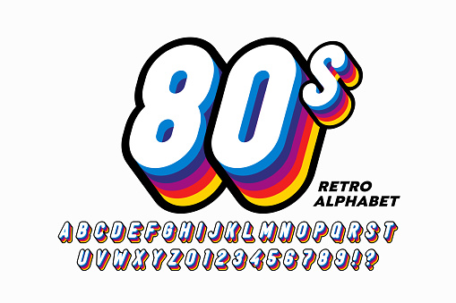 80's style colorful retro 3D font, alphabet letters and numbers
