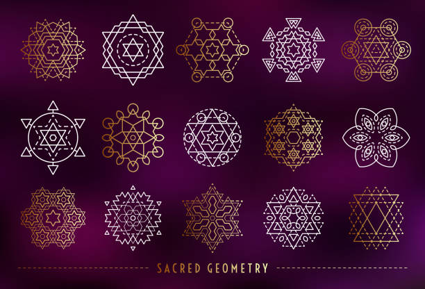Sacred geometry style symbol set. Gold and white sacral geometric outline signs on the gradient mesh purple background. Line art elements. EPS 10 linear design vector illustration. Sacred geometry style symbol set. Gold and white sacral geometric outline signs on the gradient mesh purple background. Line art elements. EPS 10 linear design vector illustration. star of david stock illustrations