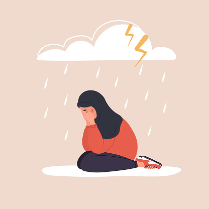 Sad arab woman sitting under rainy cloud. Depressed teenager in hijab crying. Mood disorder concept. Unhappy girl needs psychological help. Vector illustration in cartoon style