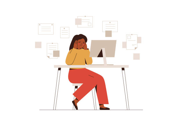 Sad businesswoman overloaded with office work. Tired depressed female boss sitting behind office desk among a lot of unfinished projects. Burnout concept. vector art illustration