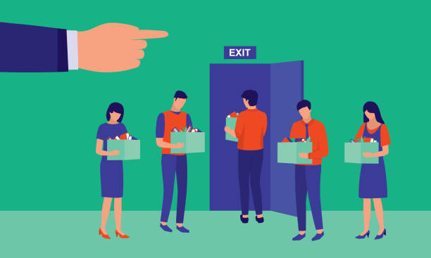 Sad Dismissed Workers Carrying Their Belongings Walking Out The Exit Door. Unemployment Concept. Vector Illustration Flat Cartoon. Group Of Employees Being Fired By Their Company. downsizing unemployment stock illustrations