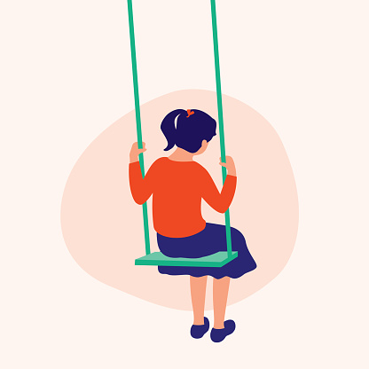 Sad Girl Playing Alone On Swing. Rejection Concept. Vector Flat Cartoon Illustration.