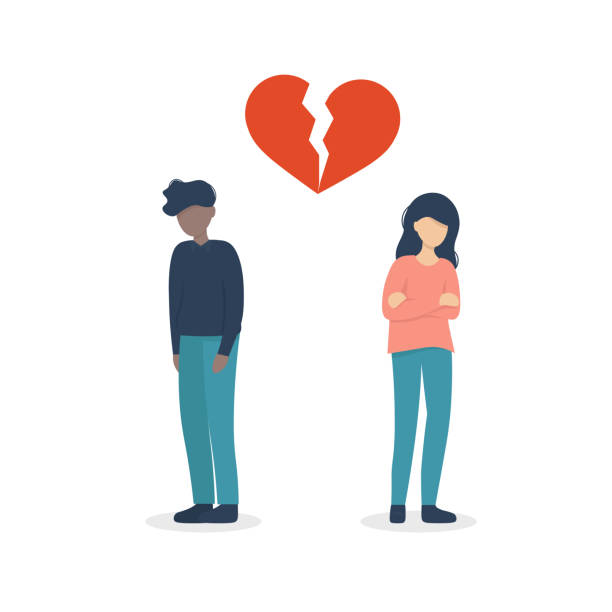 sad guy and girl near a broken heart A couple guy and girl crying due to a broken heart. Flat vector illustration design. divorce symbols stock illustrations