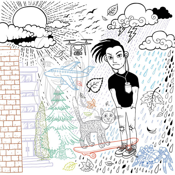 Sad guy Sad guy, city, autumn, rain, cat, girl face doodles. drone drawings stock illustrations