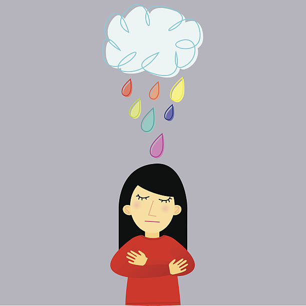 Sad Lady Under Raining Cloud vector art illustration