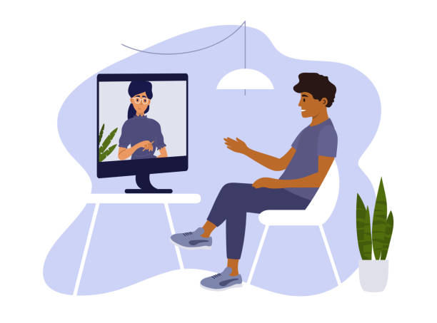 悲傷的男人用電腦和女心理學家進行視頻通話。 - 遠距醫療 插圖 幅插畫檔、美工圖案、卡通及圖標