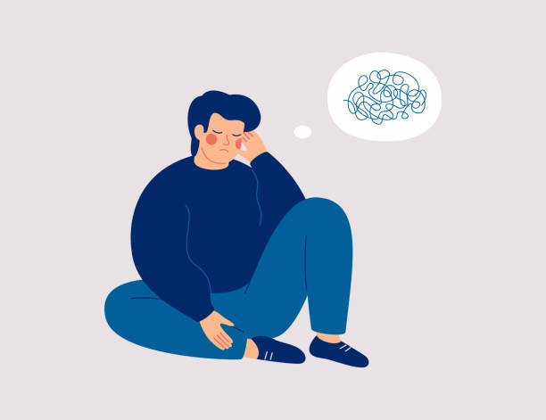 Sad man sits on the floor with tangled thoughts. The unhappy boy has confused thinking. The depressed male adolescent has memory problems vector art illustration