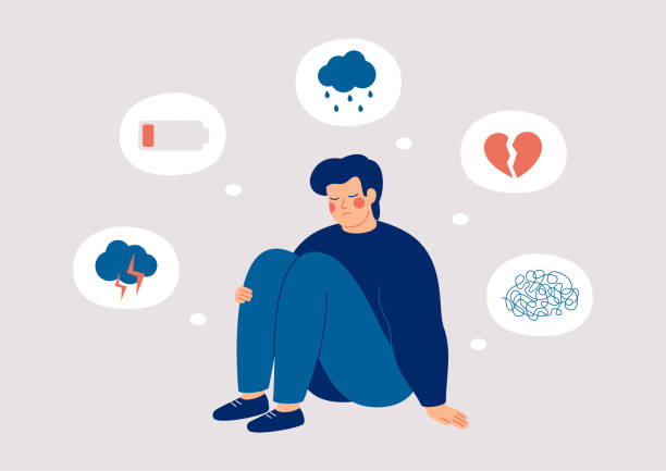 Sad man who suffers from mental health illness is sitting on the floor. Boy surrounded by symptoms of depression disorder: anxiety, crisis, tears, exhaustion, loss,  overworked, tired. vector art illustration