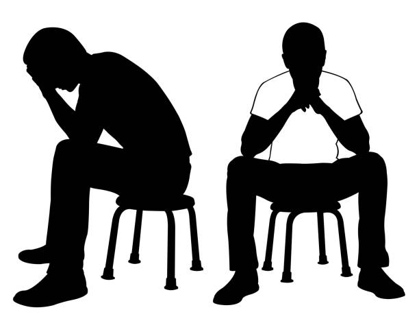 sad men silhouettes of sad men sitting on chairs pain silhouettes stock illustrations