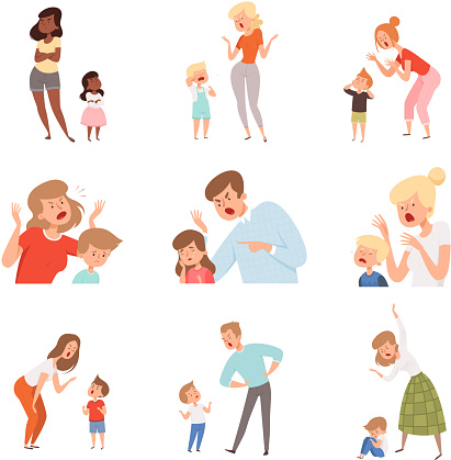 Sad parents. Angry dad punish son scared kids expression reaction crying childrens vector pictures