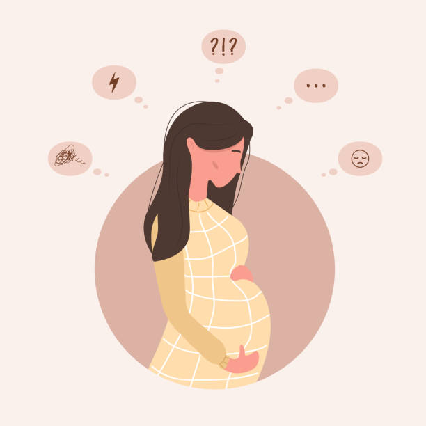 Sad pregnant woman doubts. Anxious girl has many questions. Young mother needs psychological help. Family support and pregnancy assistance. Vector illustration in cartoon style Sad pregnant woman doubts. Anxious girl has many questions. Young mother needs psychological help. Family support and pregnancy assistance. Vector illustration in cartoon style. pregnant clipart stock illustrations