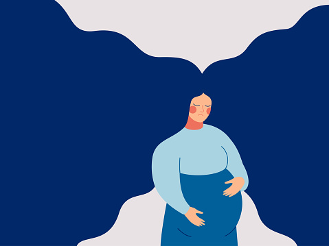 A sad pregnant woman needs prenatal care and support.