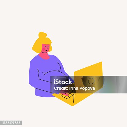 istock Sad pregnant woman with laptop. Working woman waiting for the baby. Vector cartoon illustration of purple, yellow, pink colors. 1356197388