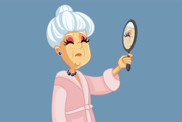 Sad Senior Woman Looking in the Mirror Vector Cartoon Unhappy elderly lady concerned with her appearance looking for new wrinkles cartoon of a wrinkled old lady stock illustrations