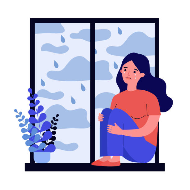 Sad unhappy girl crying at home Sad unhappy girl crying at home. Depressed young woman sitting on window sill, embracing knees. Vector illustration for mental disorder, depression, illness concept rain illustrations stock illustrations