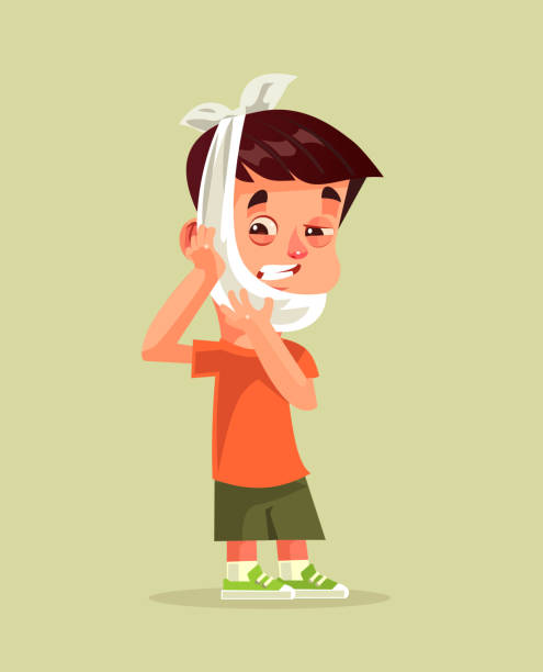 Sad unhappy little boy with suffering face expression holding head with hand. Toothache dental pain patient somatology treatment caries broken tooth ache concept. Vector flat cartoon graphic design isolated illustration Sad unhappy little boy with suffering face expression holding head with hand. Toothache dental pain patient somatology treatment caries broken tooth concept rotten teeth in children stock illustrations