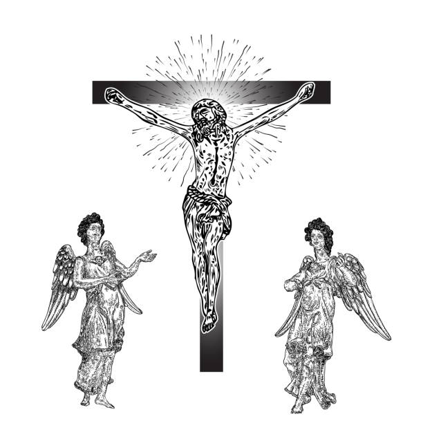 Sad, winged angels near Jesus Christ crucifixion, new age interpretation, son of God. Flesh tattoo reference. Good Friday. Vector.  drawing of the good friday stock illustrations