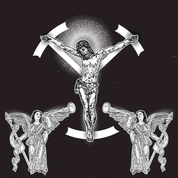 Sad, winged angels near Jesus Christ crucifixion, new age interpretation, son of God. Flesh tattoo reference. Good Friday. Vector.  drawing of the good friday stock illustrations