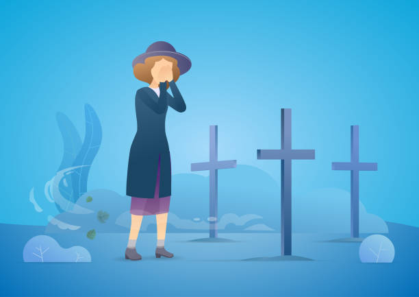ilustrações de stock, clip art, desenhos animados e ícones de sad woman grieving in a cemetery. woman standing at the gravestone of her beloved husband or other close person. rainy day. family member death from the coronavirus. - covid cemiterio