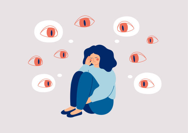 Sad woman surrounded by giant eyes feeling overwhelmed and helpless. Depressed girl suffers from phobias and fears. The psychological concept of mental disorder and paranoia. vector art illustration