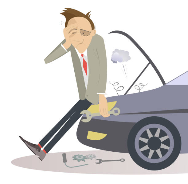 Sad young man and broken car illustration vector art illustration