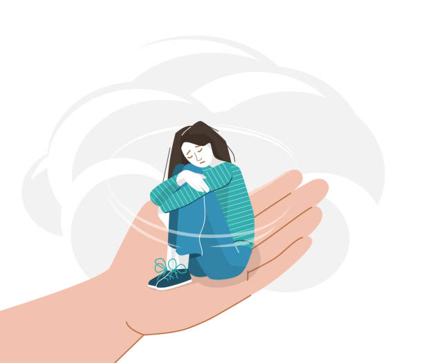 Sad young woman with lowered head hugging herself with her hands on her knees. Anxiety girl sitting on a helping hand. Help concept vector illustration Sad young woman with lowered head hugging herself with her hands on her knees. Anxiety girl sitting on a helping hand. Help concept vector illustration. depression sadness stock illustrations