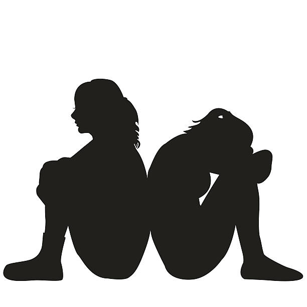 Sad young women Silhouettes of two sad young women sitting on the floor depression land feature stock illustrations