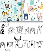 Safari baby animals seamless funny patterns collection. Set of vector kid print. Hand drawn doodle illustrations in scandinavian style.