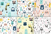 Safari baby animals seamless funny patterns collection. Set of vector kid print. Hand drawn doodle illustrations in scandinavian style.