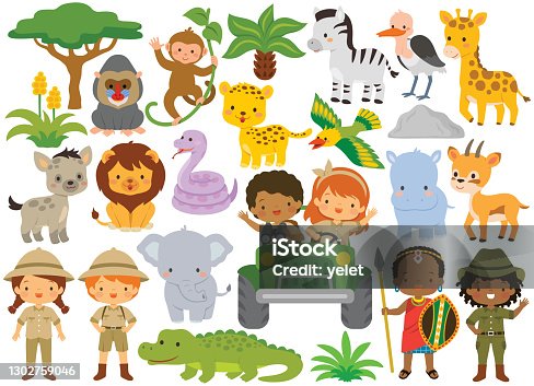 istock Safari clipart bundle – cute animals and kids 1302759046