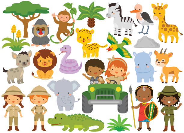 Safari clipart bundle – cute animals and kids Safari animals and kids. Clipart set with wild animals and people in the African savanna. safari stock illustrations