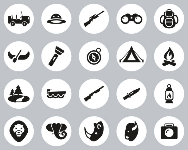 Safari Or Hunting Icons Black & White Flat Design Circle Set Big This image is a vector illustration and can be scaled to any size without loss of resolution. buffalo shooting stock illustrations