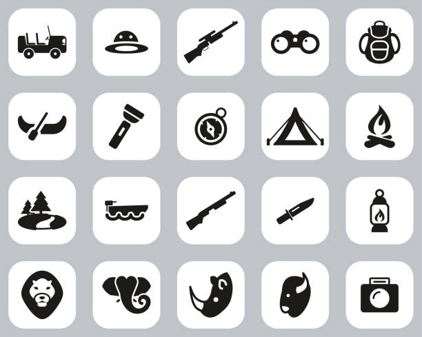 Safari Or Hunting Icons Black & White Flat Design Set Big This image is a vector illustration and can be scaled to any size without loss of resolution. buffalo shooting stock illustrations