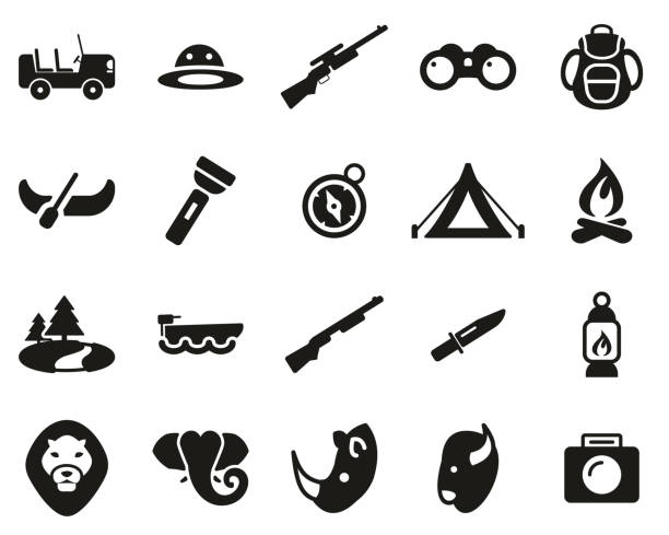 Safari Or Hunting Icons Black & White Set Big This image is a vector illustration and can be scaled to any size without loss of resolution. buffalo shooting stock illustrations