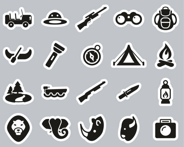 Safari Or Hunting Icons Black & White Sticker Set Big This image is a vector illustration and can be scaled to any size without loss of resolution. buffalo shooting stock illustrations