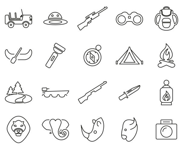 Safari Or Hunting Icons Black & White Thin Line Set Big This image is a vector illustration and can be scaled to any size without loss of resolution. buffalo shooting stock illustrations