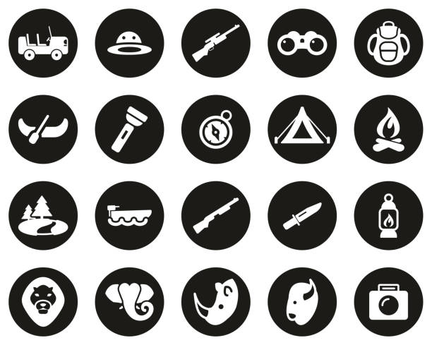 Safari Or Hunting Icons White On Black Flat Design Circle Set Big This image is a vector illustration and can be scaled to any size without loss of resolution. buffalo shooting stock illustrations