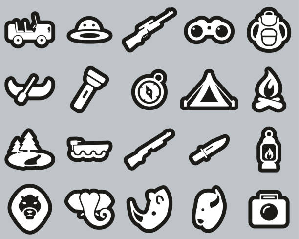 Safari Or Hunting Icons White On Black Sticker Set Big This image is a vector illustration and can be scaled to any size without loss of resolution. buffalo shooting stock illustrations