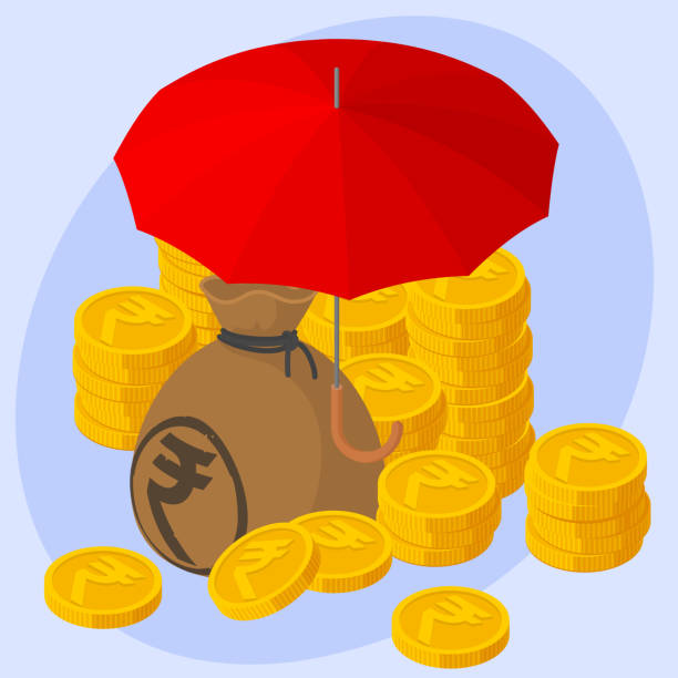 Safe and secure Indian Rupee investments concept. Safe and secure Indian Rupee investments. Red umbrella, bags of dollars and stacks of gold coins money and business protection vector concept. INDIA CURRENCY  stock illustrations