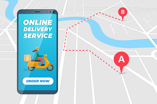 Safe contactless delivery service app on smartphone screen with woman courier in moped helmet on motor scooter delivering package box. Online ordering route mobile application on city map. Eps
