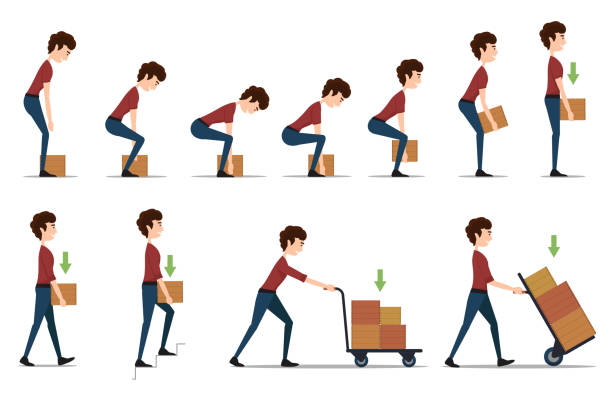 Safe handling and transportation of heavy items Safe handling and transportation of heavy items. Box and man, cargo and worker, delivery cardboard, distribution and weight, vector illustration picking up stock illustrations