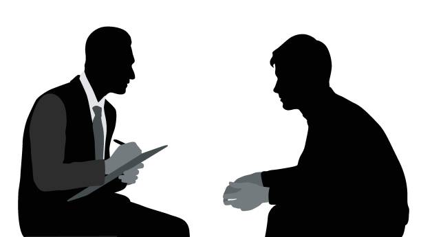 Safe Zone Councelling Silhouette illustration of a psychologist talking to a patient and taking notes doctor silhouettes stock illustrations
