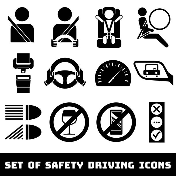Safety Driving theme vector icons set Seat belts, airbag, rules, baby car seat, traffic light, etc. Isolated driving stock illustrations
