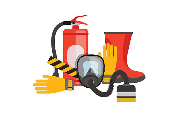 Safety equipment vector set. Fire protection and fire. Safety equipment vector set. Fire protection and fire. A gas mask and a fire extinguisher. Set firefighter or rescuer. Rescue tools. Safety work safety equipment stock illustrations